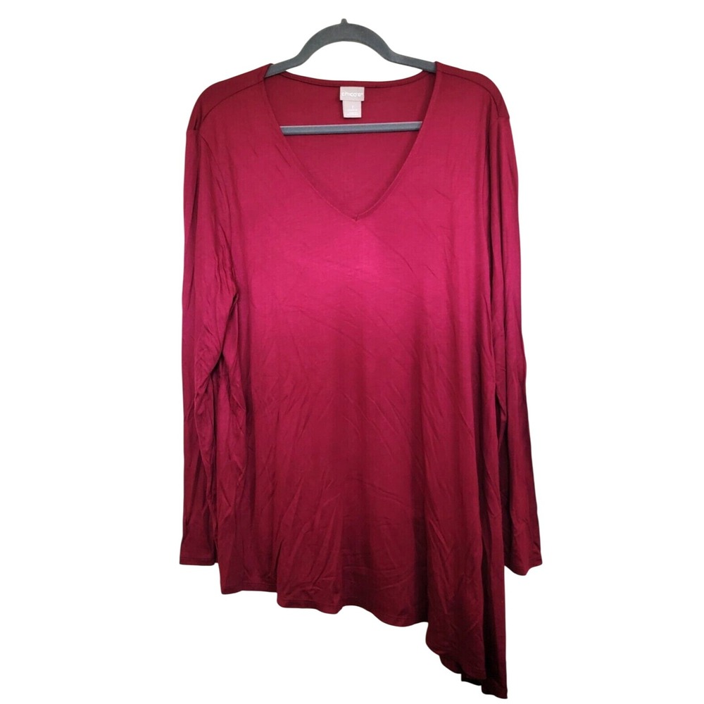 Chico's 3 Cranberry‎ Top T-Shirt Size 3 14/16 XL Long Slv Side Angle V-Neck